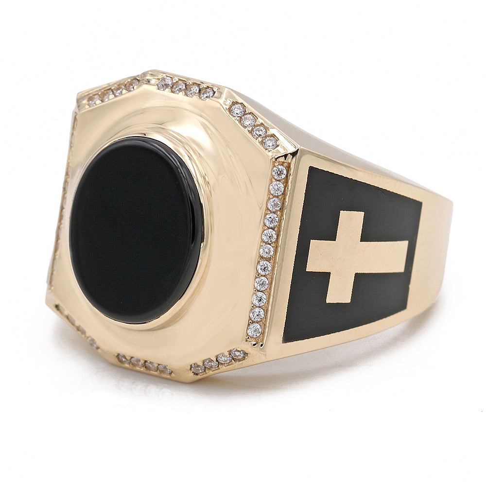 14K Yellow Gold Black Color Center Stone Ring with Cubic Zirconias