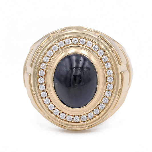 14K Yellow Gold Black Color Center Stone Ring with Cubic Zirconias