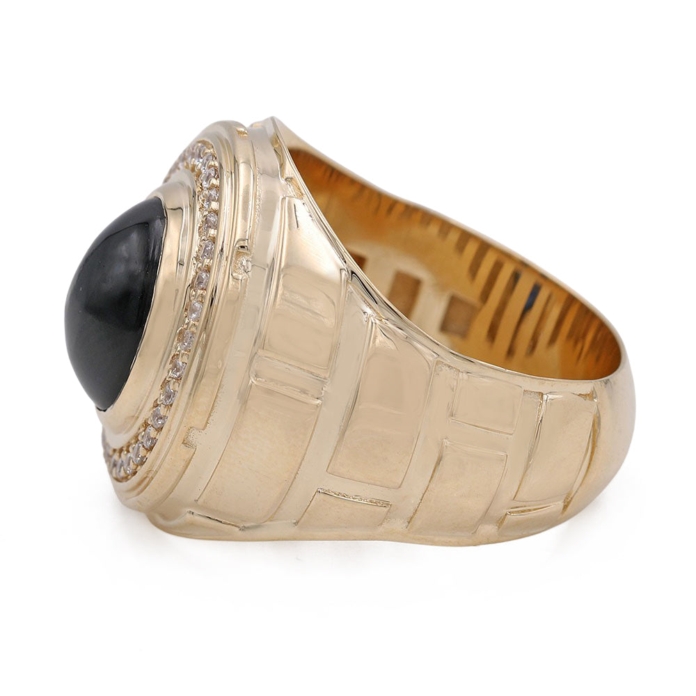 14K Yellow Gold Black Color Center Stone Ring with Cubic Zirconias