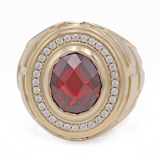 14K Yellow Gold Ruby Color Center Stone Ring with Cubic Zirconias