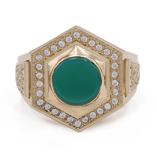 14K Yellow Gold Green Color Center Stone Ring with Cubic Zirconias