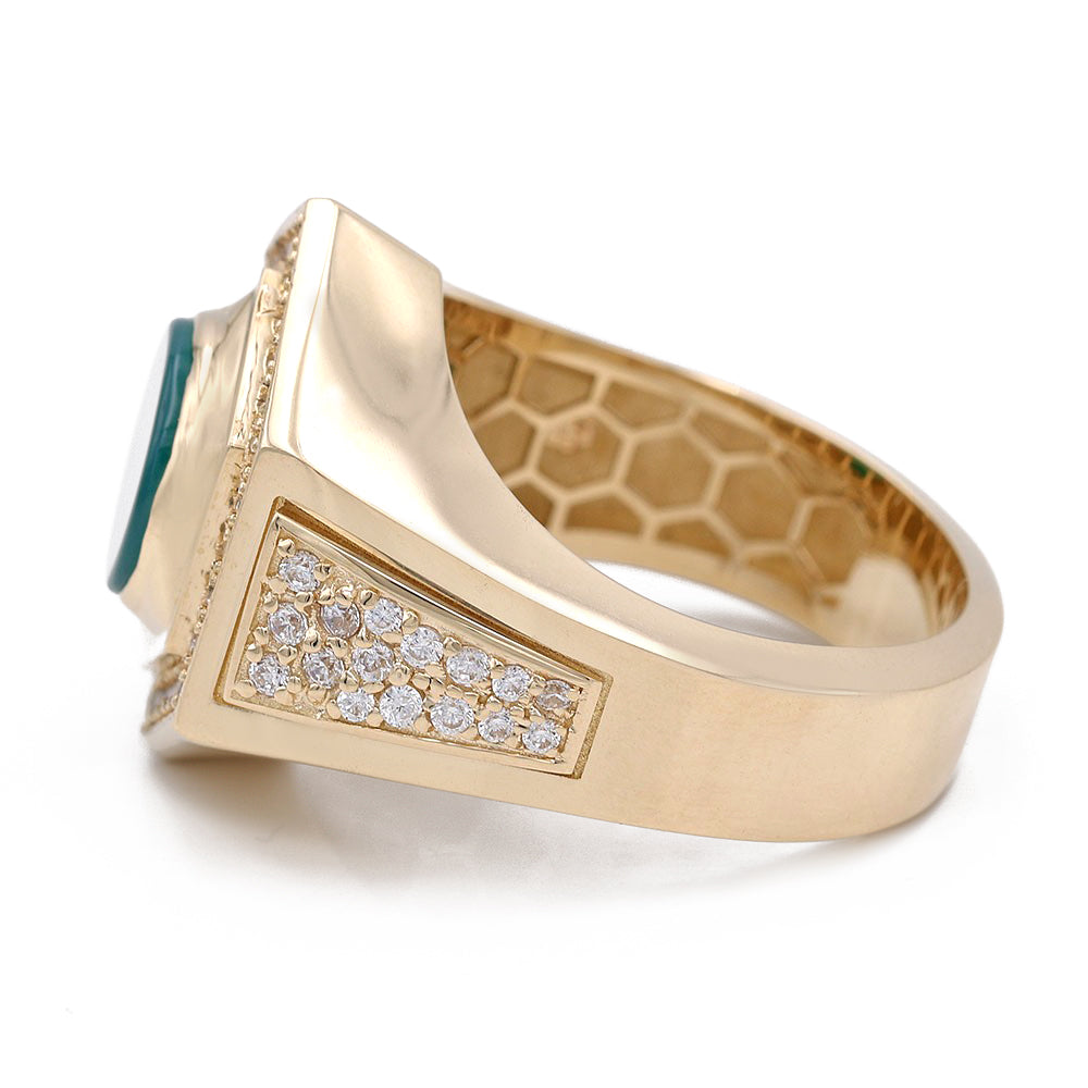 14K Yellow Gold Green Color Center Stone Ring with Cubic Zirconias