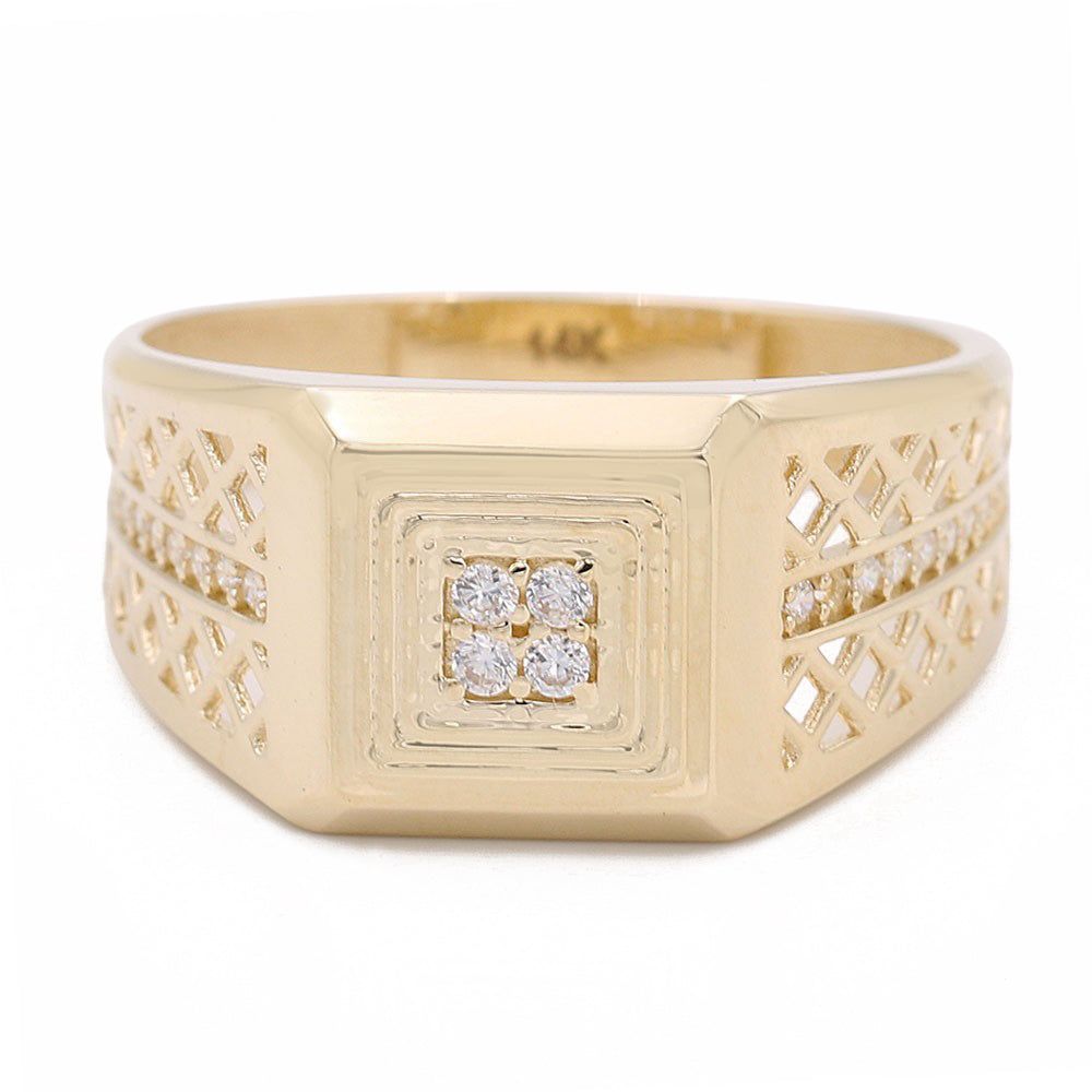 14K Yellow Gold Honeycomb Fashion Ring with Cubic Zirconias