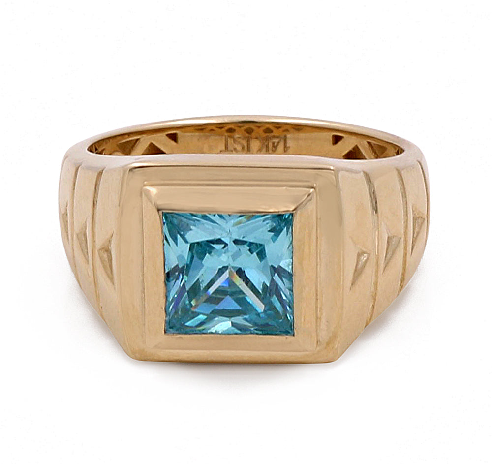 14K Yellow Gold Men's Fashion Ring with Blue Center Stone