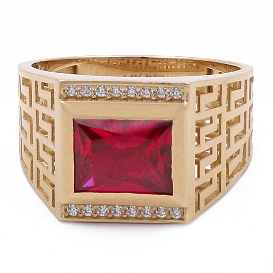 14K Yellow Gold Men's Ring with Center Red Stone and Cubic Zirconias