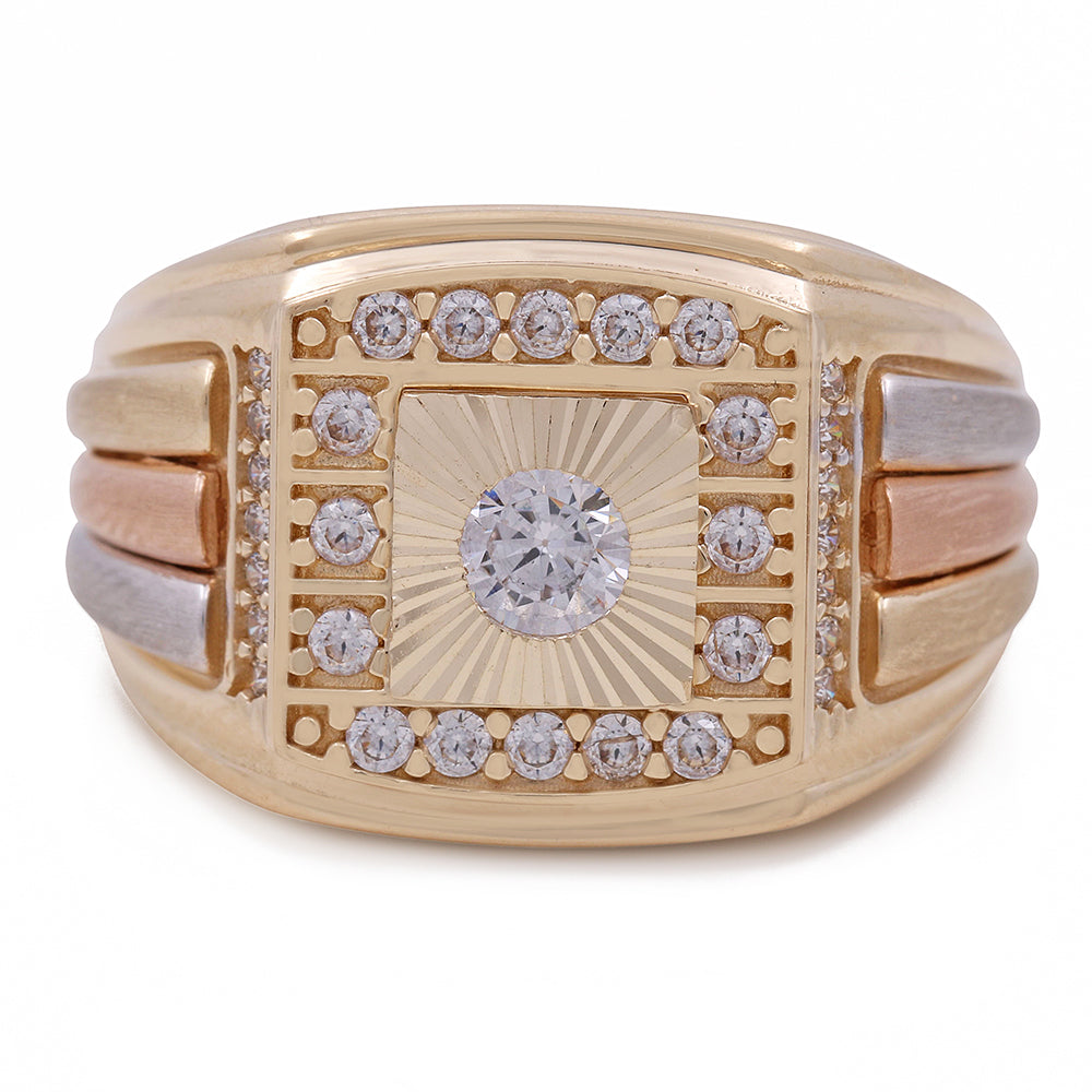 14K Tricolor Gold Men's Fashion Ring with Cubic Zirconias