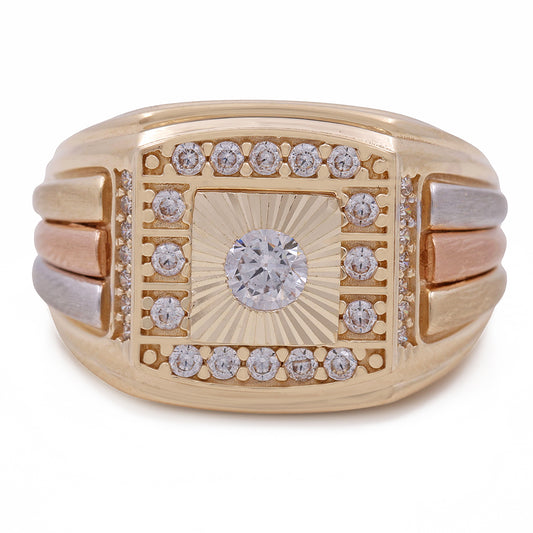 14K Tricolor Gold Men's Fashion Ring with Cubic Zirconias