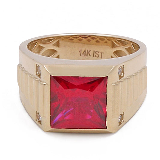 14K Yellow Gold Men's Ring with Red Center Stone and Cubic Zirconias