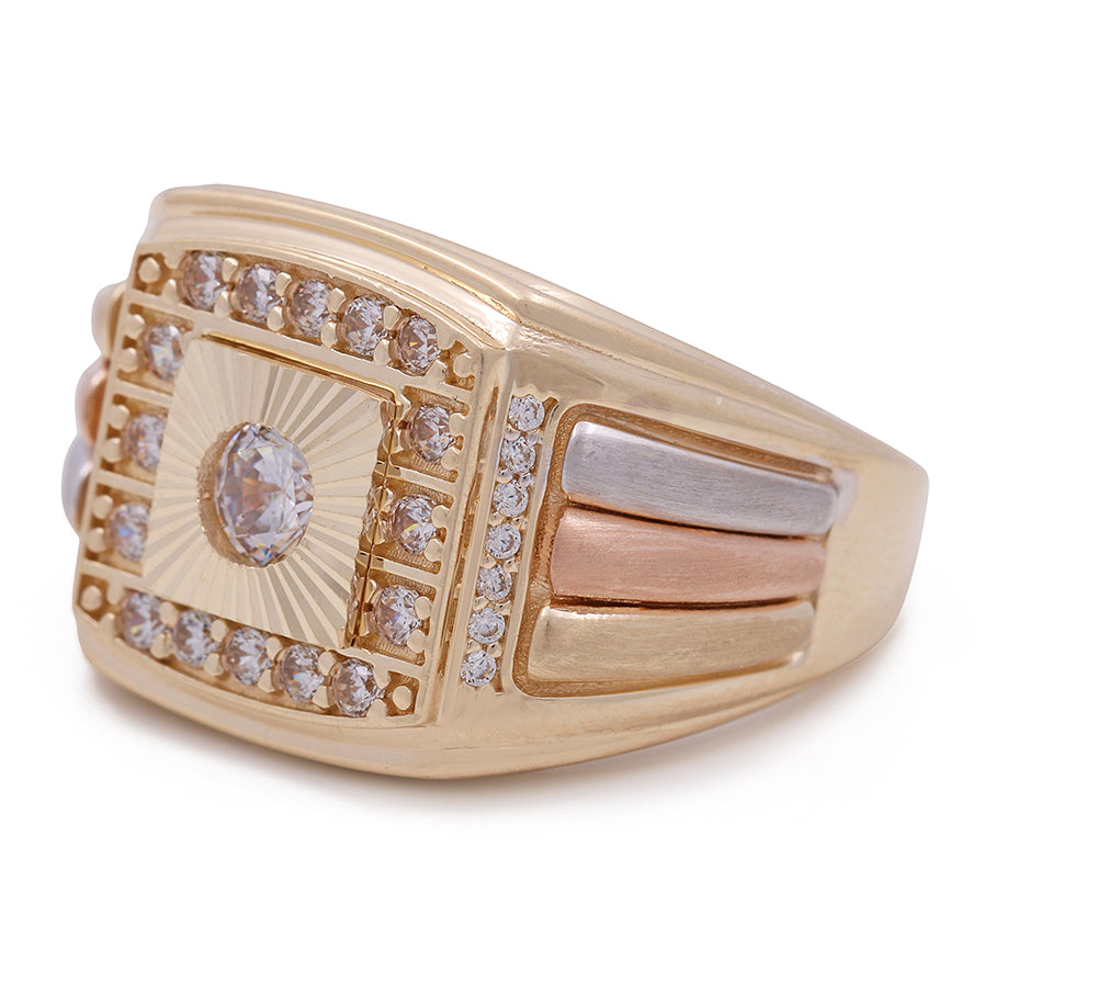 14K Tricolor Gold Men's Fashion Ring with Cubic Zirconias