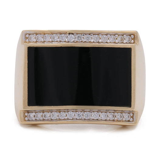 14K Yellow Gold Men's Ring with Black Onyx Center Stone and Cubic Zirconias