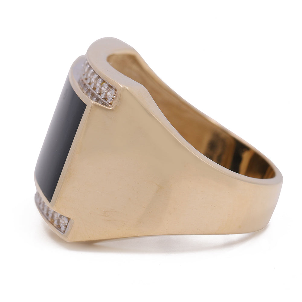 14K Yellow Gold Men's Ring with Black Onyx Center Stone and Cubic Zirconias
