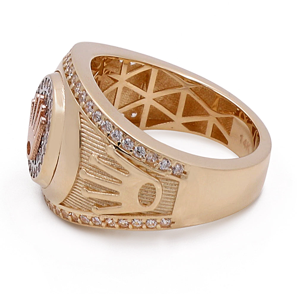 14K Yellow and Rose Gold Men's Ring with Fashion Logo and Cubic Zirconias