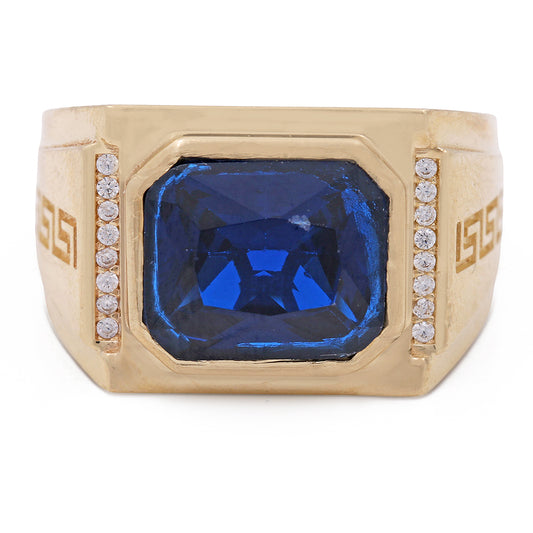 14K Yellow Gold Men's Fashion Ring with Blue Color Stone and Cubic Zirconias