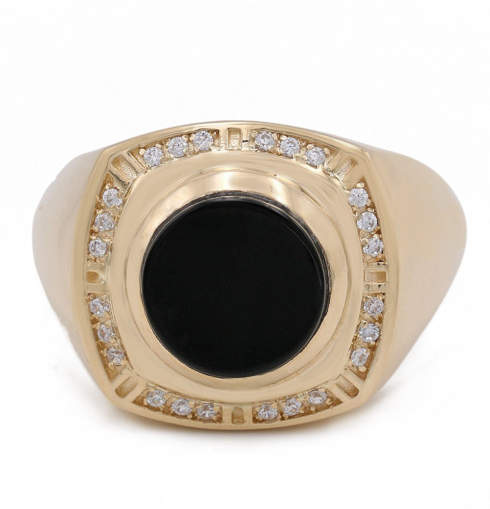 14K Yellow Gold Black Color Center Stone Ring with Cubic Zirconias