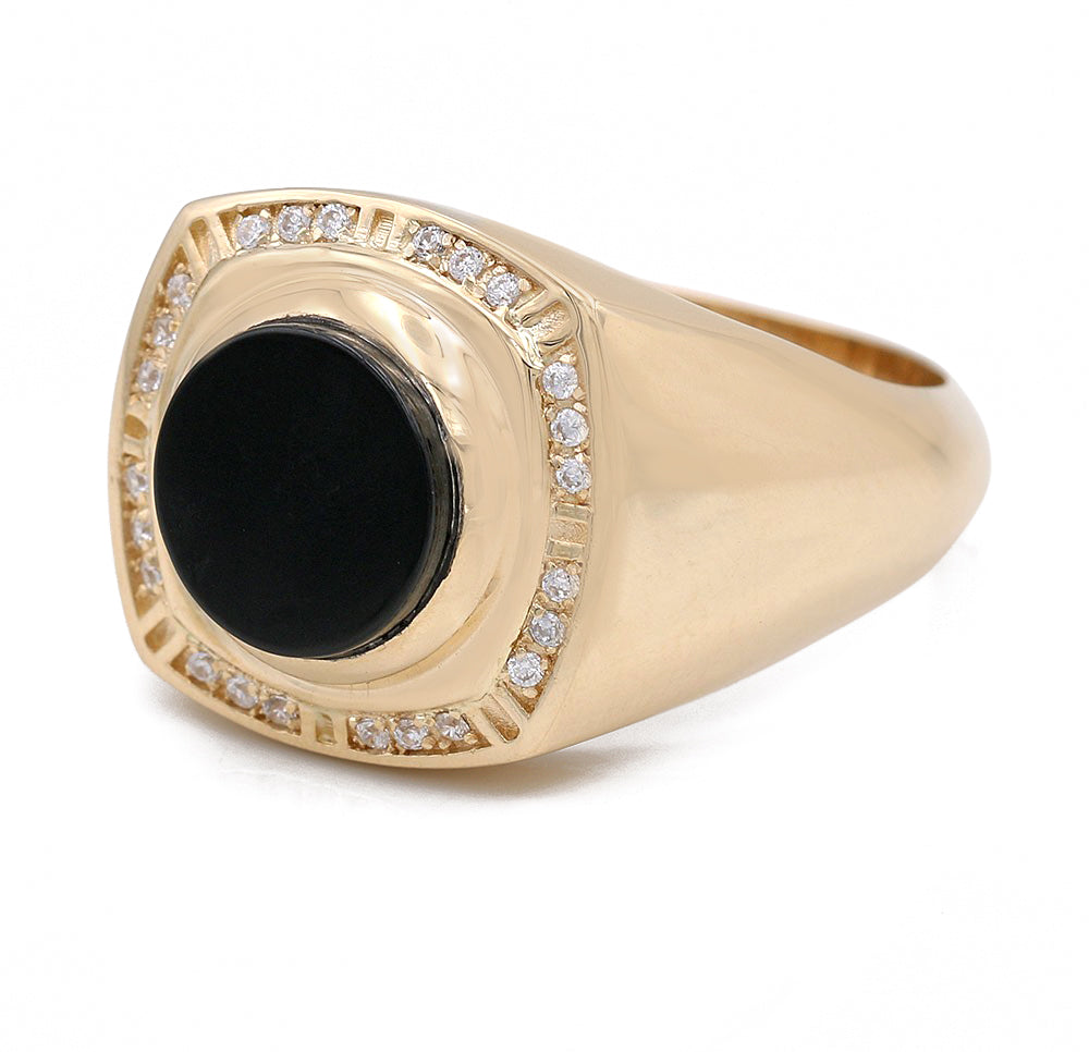 14K Yellow Gold Black Color Center Stone Ring with Cubic Zirconias