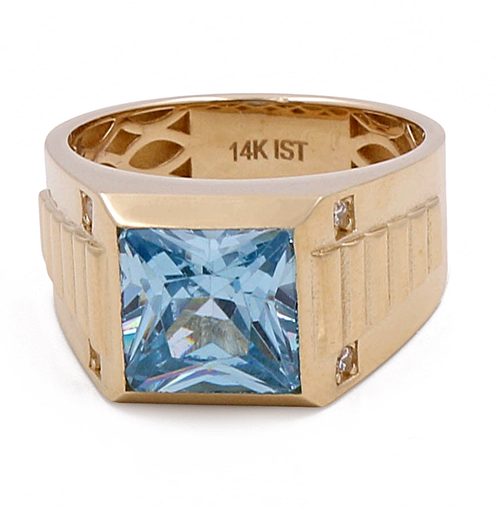 14K Yellow Gold Men's Ring with Blue Center Stone and Cubic Zirconias
