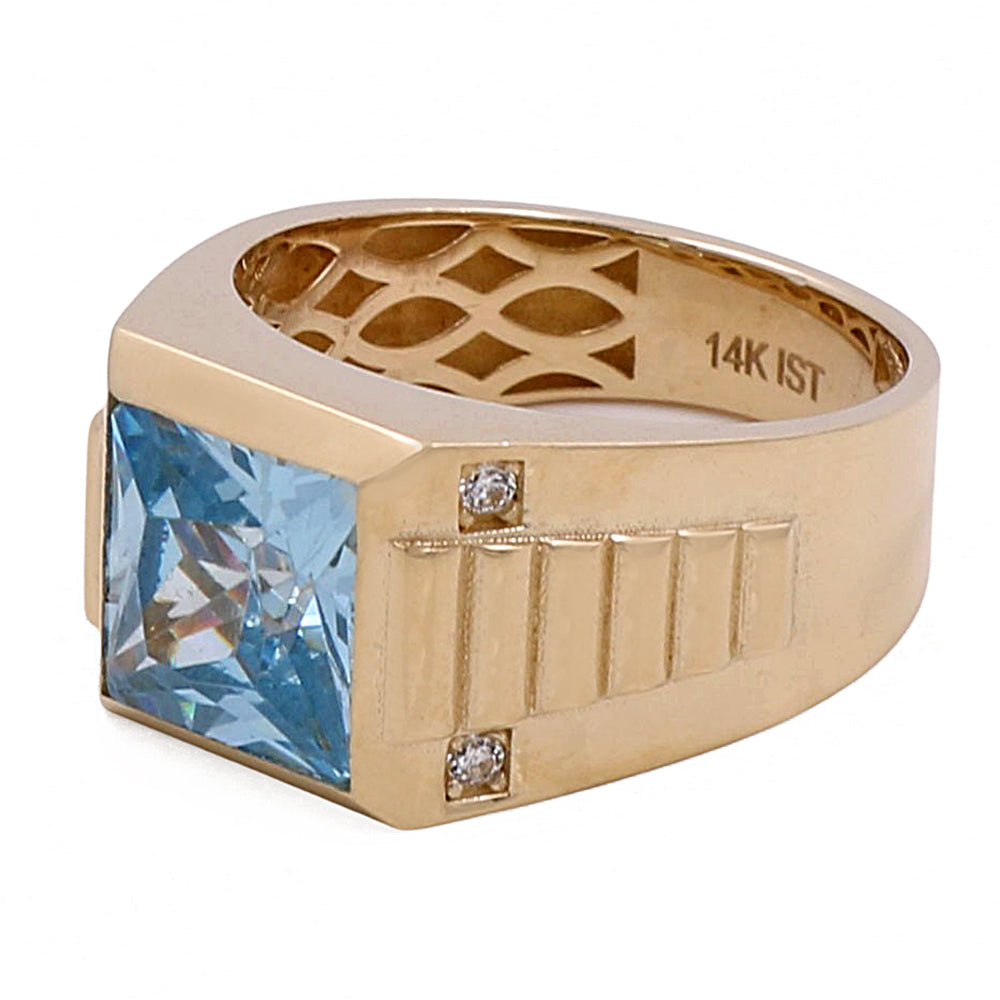14K Yellow Gold Men's Ring with Blue Center Stone and Cubic Zirconias