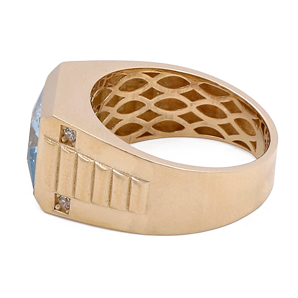 14K Yellow Gold Men's Ring with Blue Center Stone and Cubic Zirconias