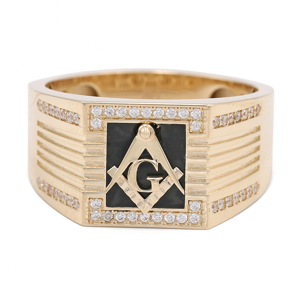 14K Yellow Gold Black Color Center Stone Masonic Ring with Cubic Zirconias