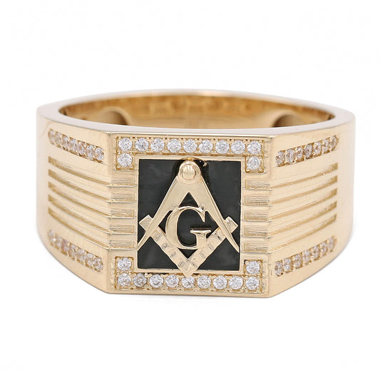 14K Yellow Gold Black Color Center Stone Masonic Ring with Cubic Zirconias