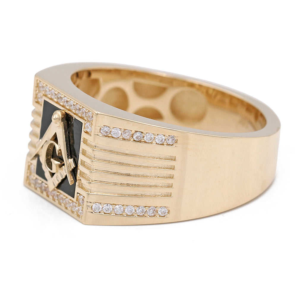 14K Yellow Gold Black Color Center Stone Masonic Ring with Cubic Zirconias