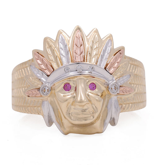 14K Tricolor Gold Indian Head Ring with Pink Stones and Cubic Zirconias