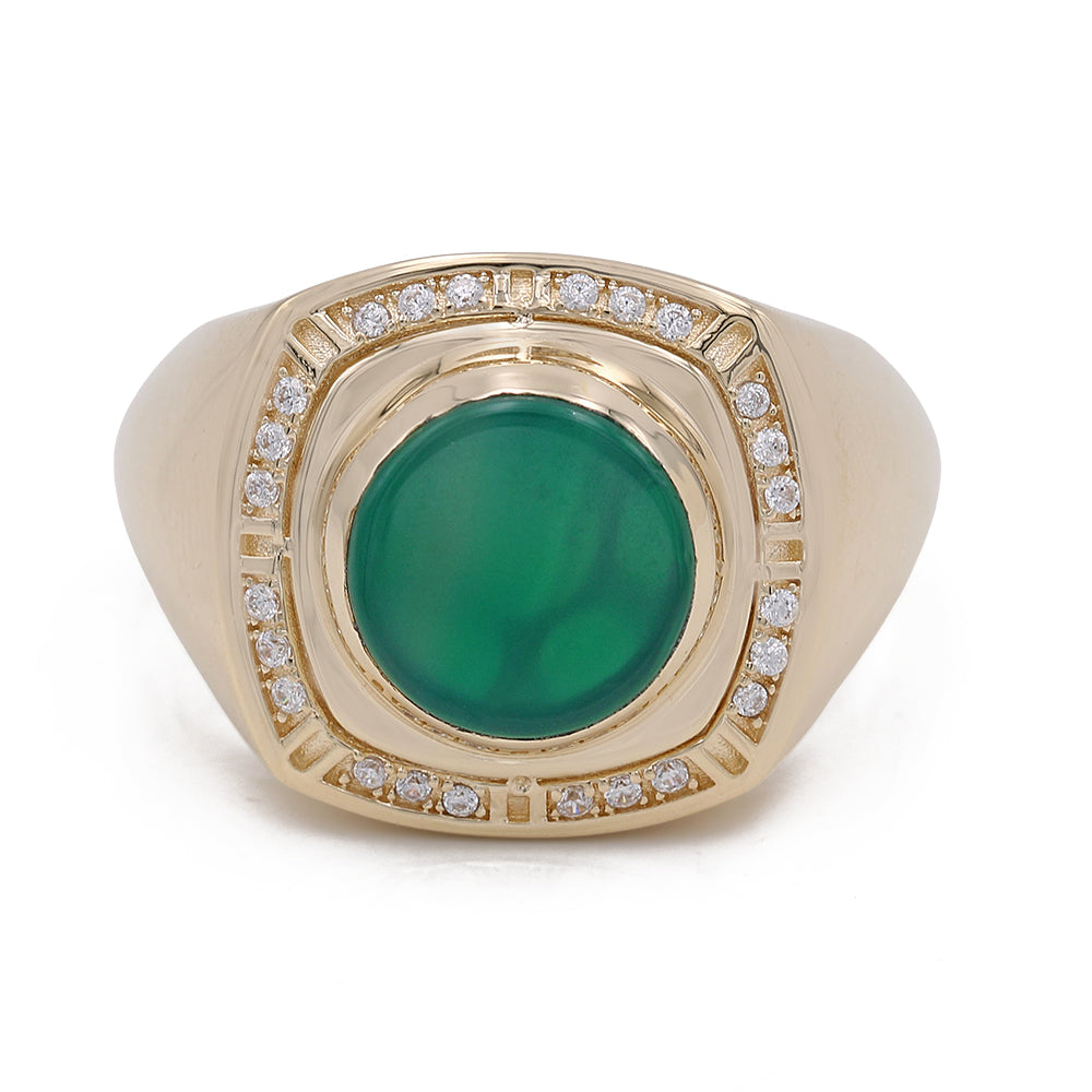 14K Yellow Gold Green Color Center Stone Ring with Cubic Zirconias