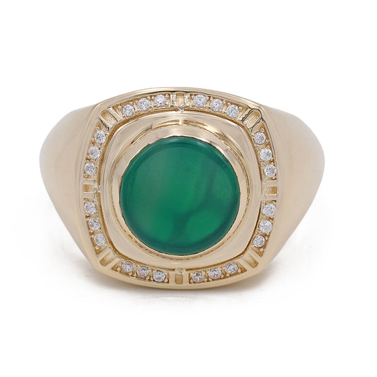 14K Yellow Gold Green Color Center Stone Ring with Cubic Zirconias
