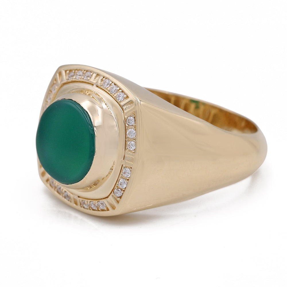 14K Yellow Gold Green Color Center Stone Ring with Cubic Zirconias
