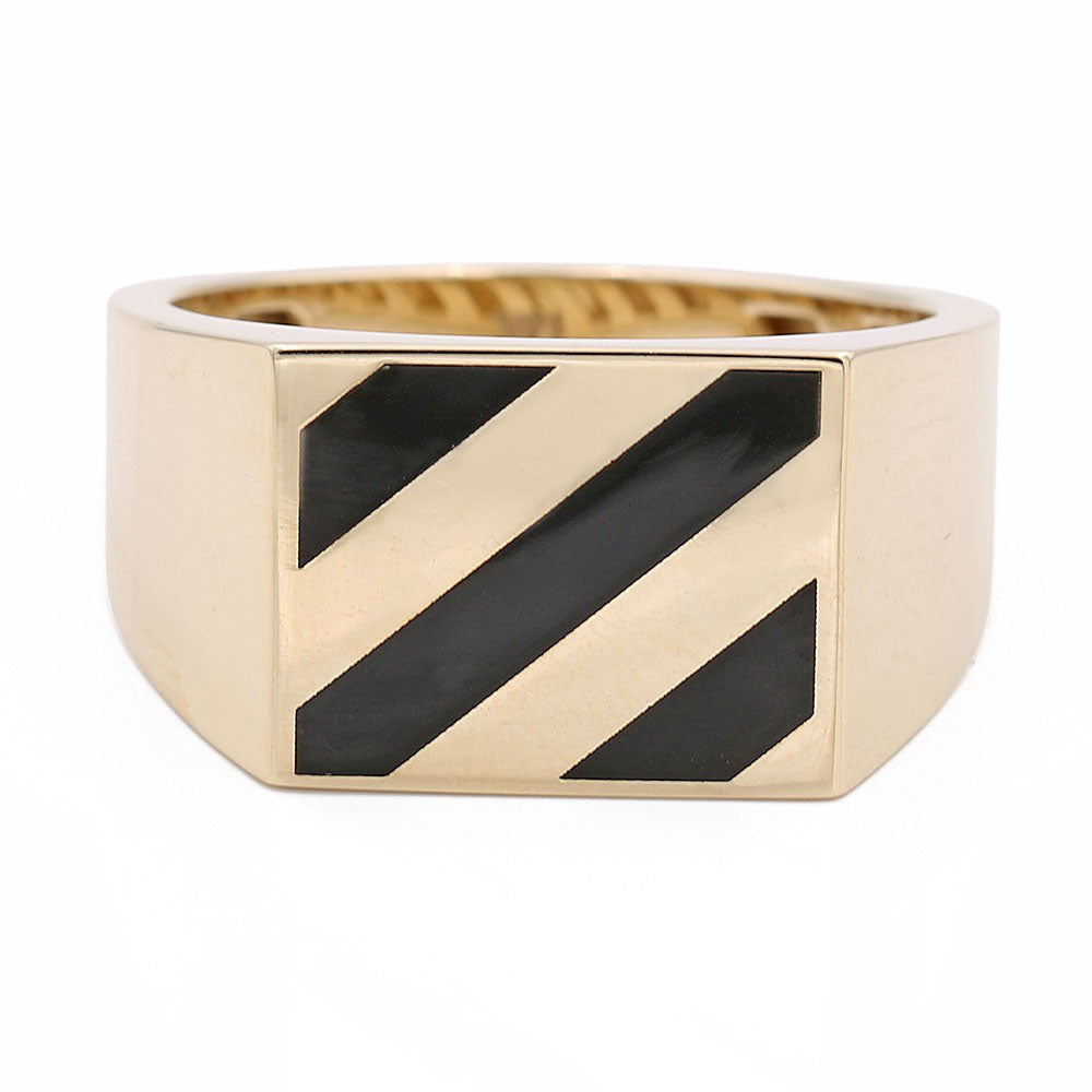 14K Yellow Gold Stripes Ring with Black Stones