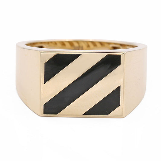 14K Yellow Gold Stripes Ring with Black Stones