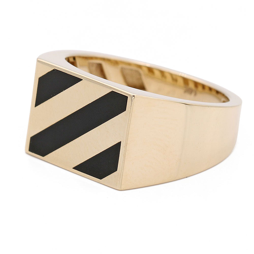 14K Yellow Gold Stripes Ring with Black Stones