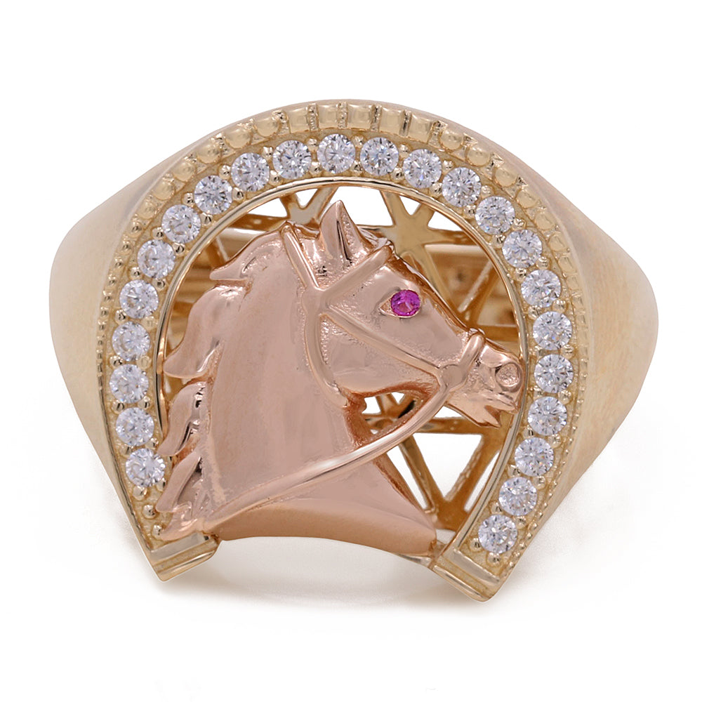 14K Yellow and Rose Horse Ring with Cubic Zirconias