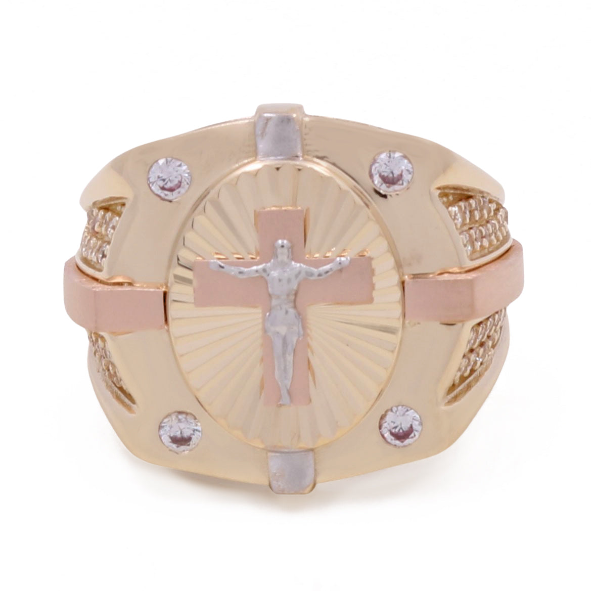14K Rose and Yellow Gold Fashion Jesus Ring with Cubic Zirconias