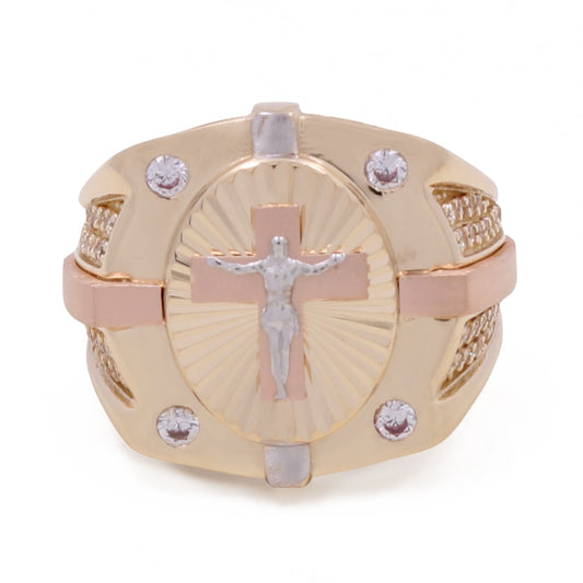 14K Rose and Yellow Gold Fashion Jesus Ring with Cubic Zirconias