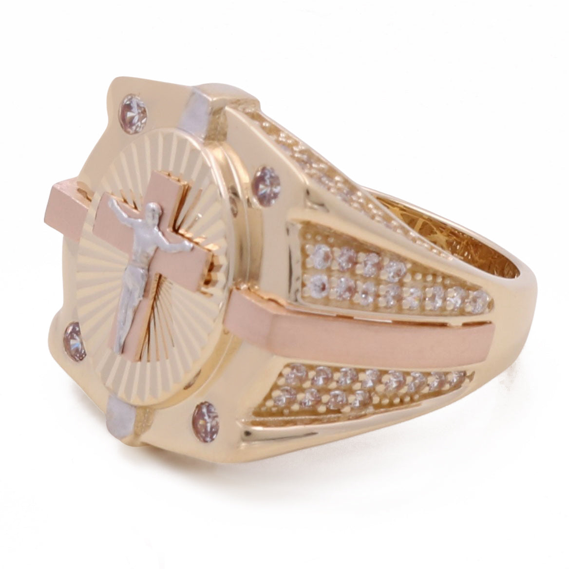 14K Rose and Yellow Gold Fashion Jesus Ring with Cubic Zirconias