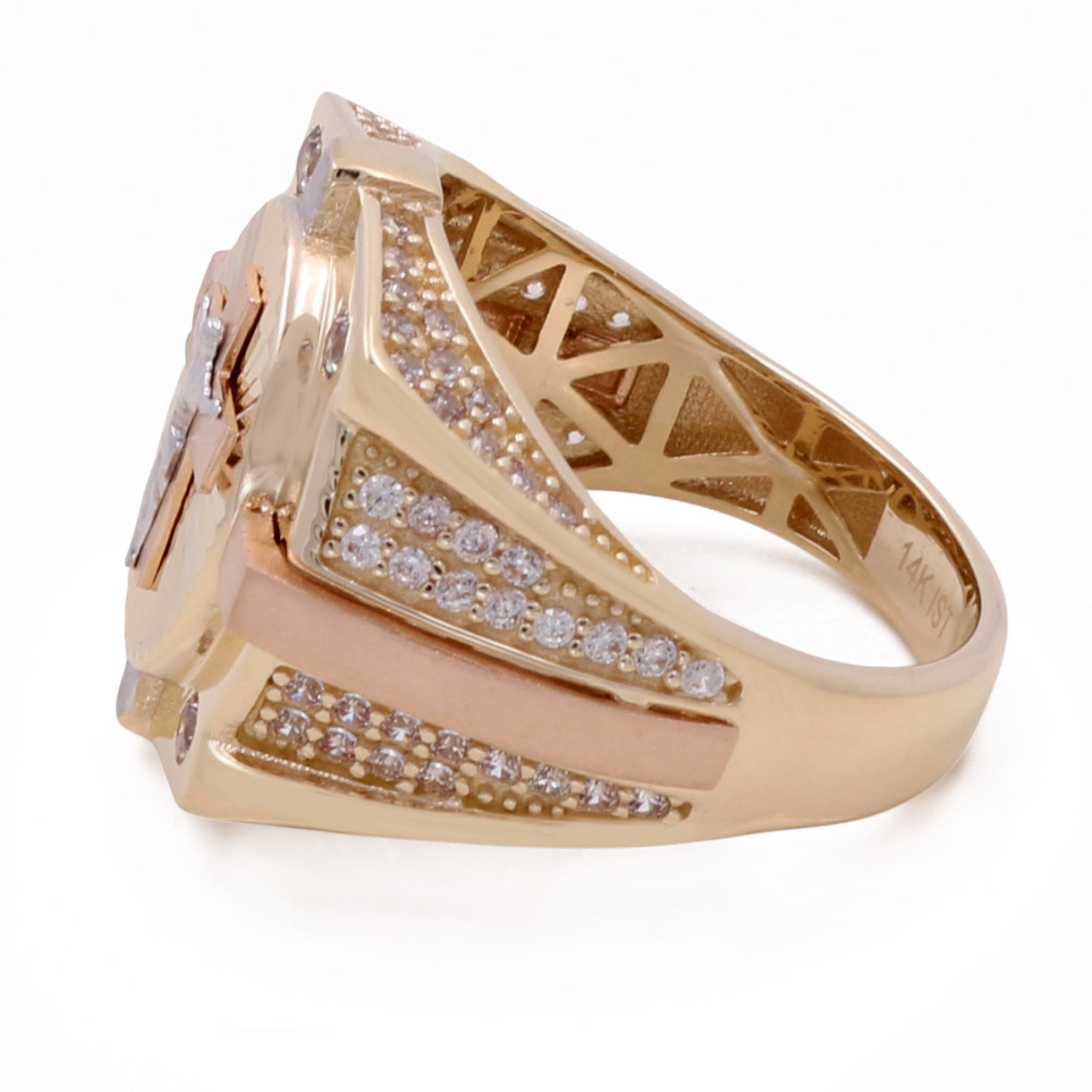 14K Rose and Yellow Gold Fashion Jesus Ring with Cubic Zirconias