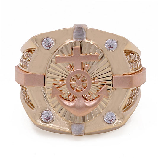 14K Rose and Yellow Gold Fashion Anchor Ring with Cubic Zirconias