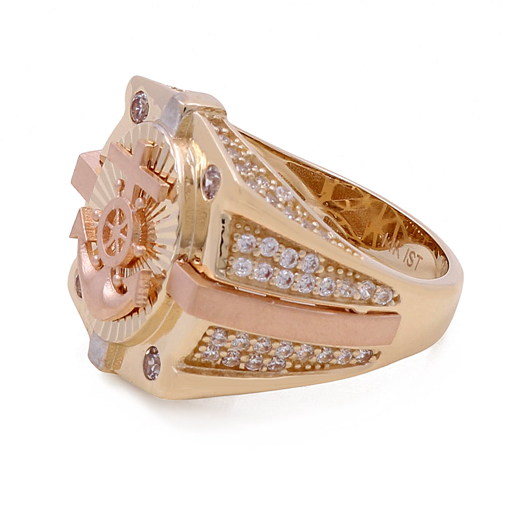 14K Rose and Yellow Gold Fashion Anchor Ring with Cubic Zirconias