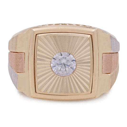 14K Yellow and Rose Gold Diamond Cut  Men's Ring with Cubic Zirconias