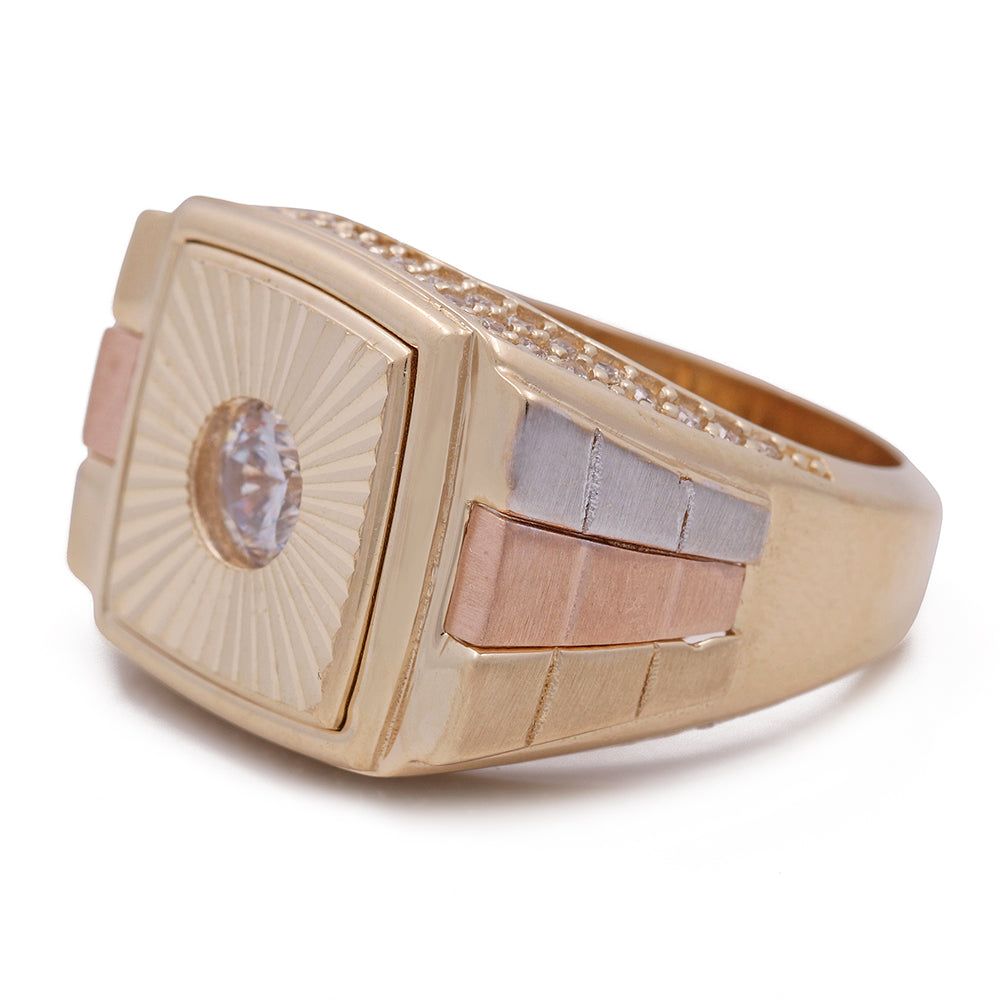14K Yellow and Rose Gold Diamond Cut  Men's Ring with Cubic Zirconias