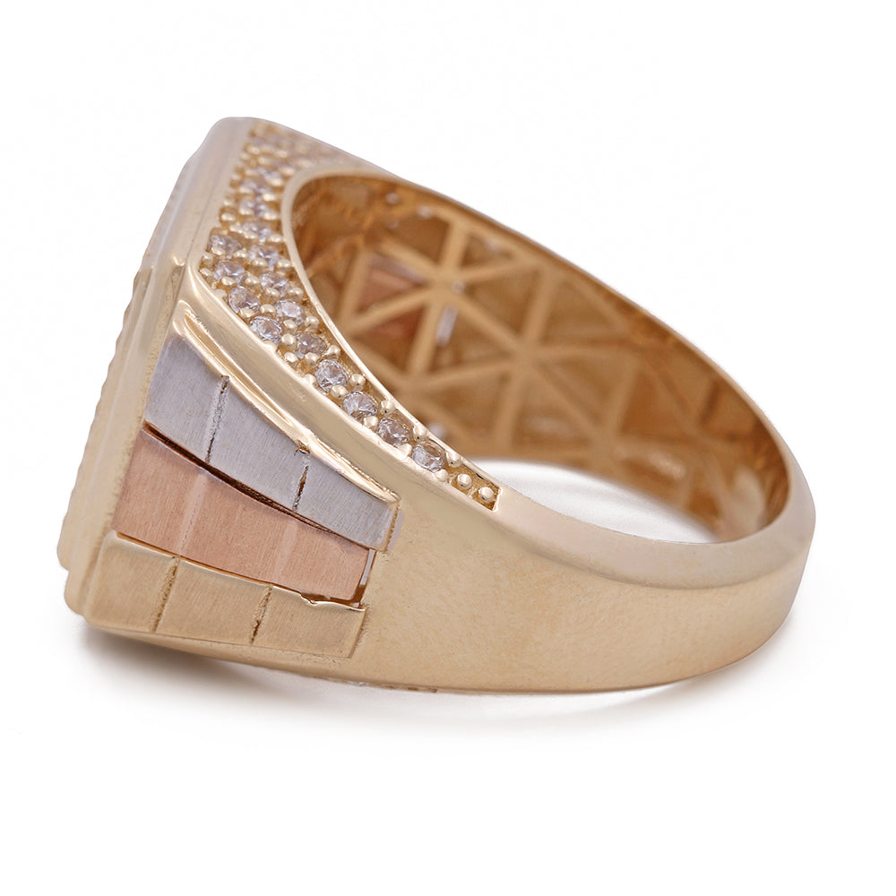 14K Yellow and Rose Gold Diamond Cut  Men's Ring with Cubic Zirconias