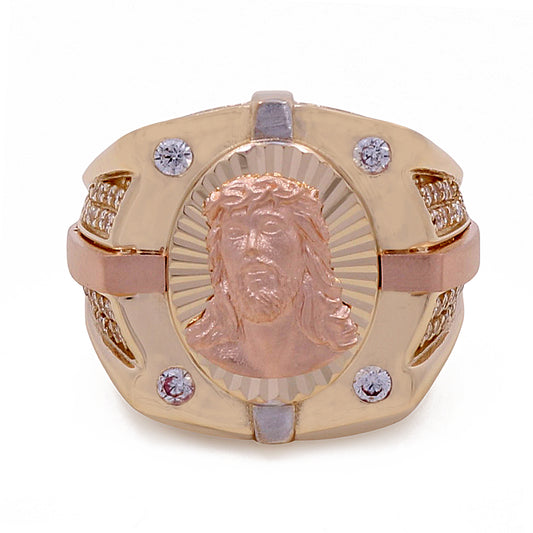 14K Rose and Yellow Gold Fashion Jesus Ring with Cubic Zirconias