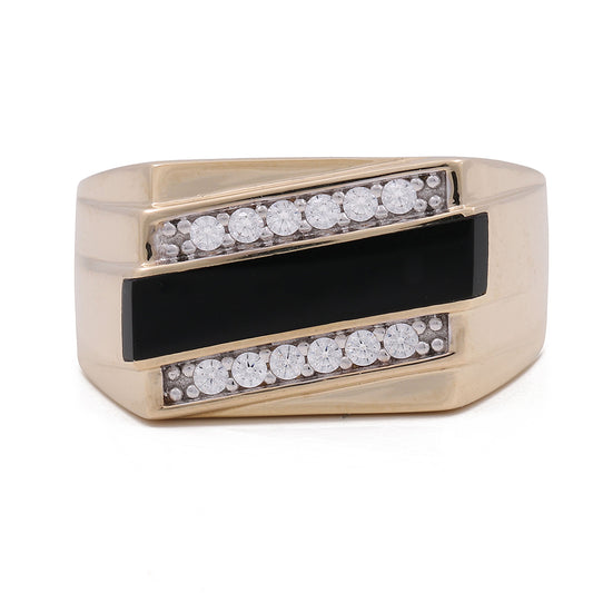14K Yellow Gold Men's Ring with Black Onyx and Cubic Zirconias