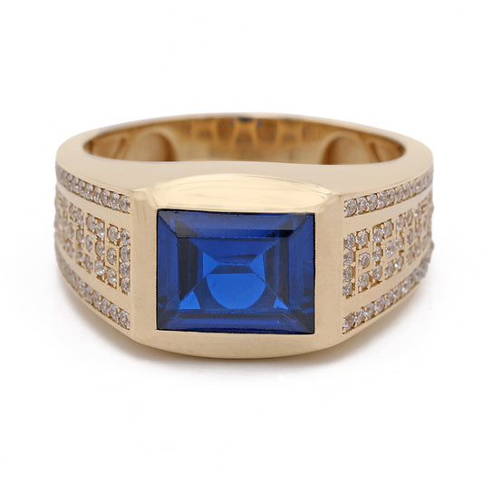 14K Yellow Gold Blue Color Center Stone Ring with Cubic Zirconias