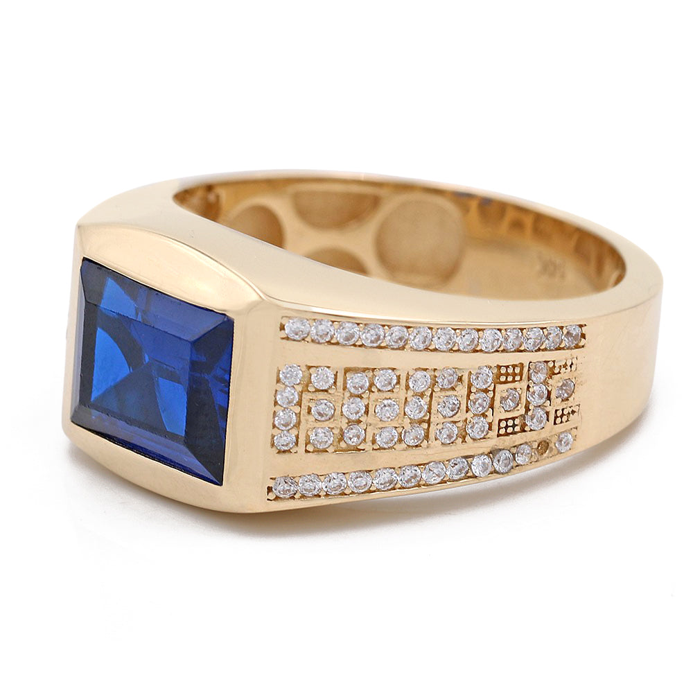 14K Yellow Gold Blue Color Center Stone Ring with Cubic Zirconias