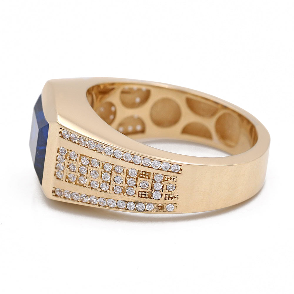 14K Yellow Gold Blue Color Center Stone Ring with Cubic Zirconias