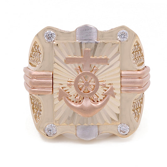 14K Rose and Yellow Gold Cross on Anchor Ring with Cubic Zirconias