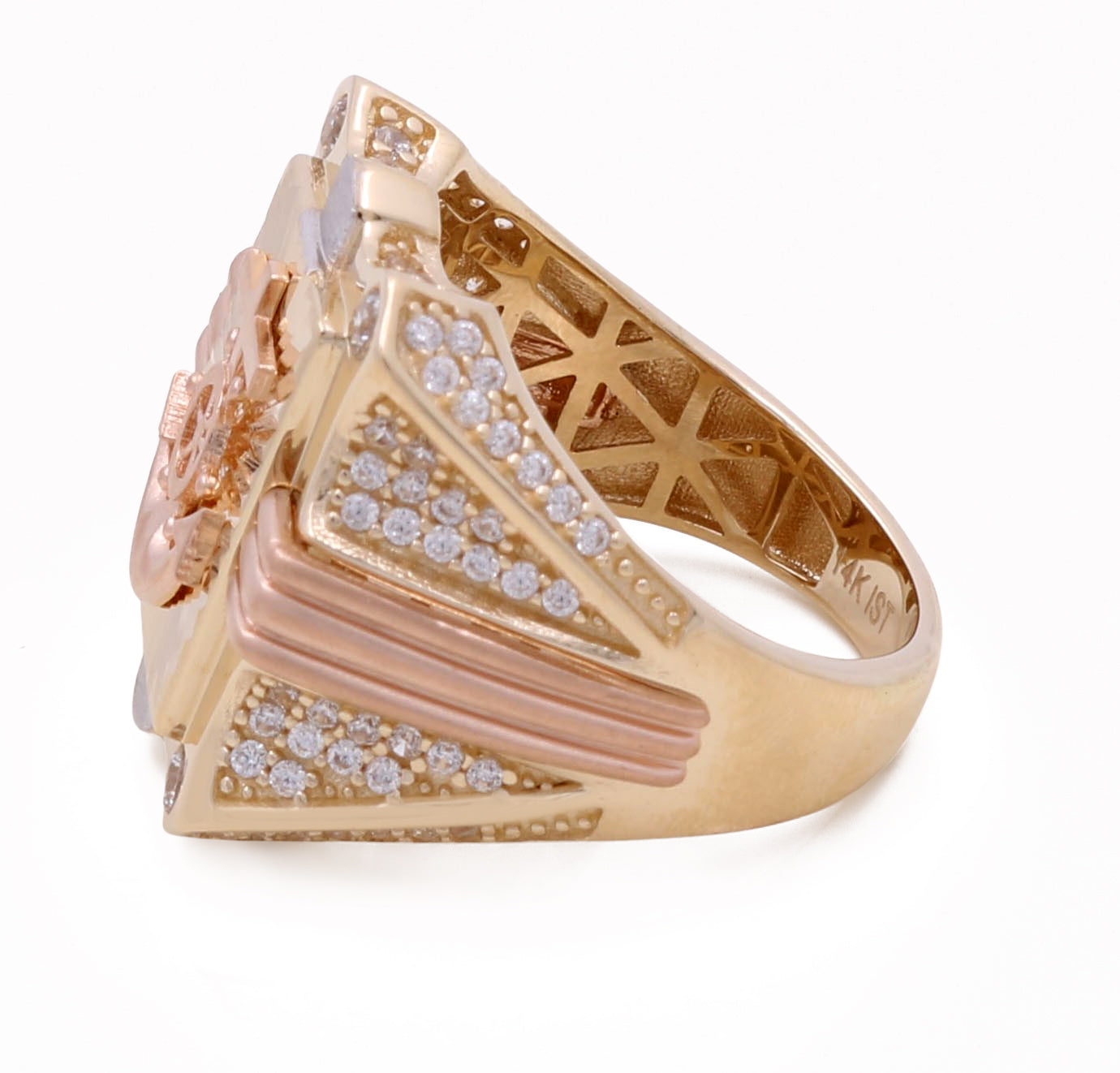 14K Rose and Yellow Gold Cross on Anchor Ring with Cubic Zirconias