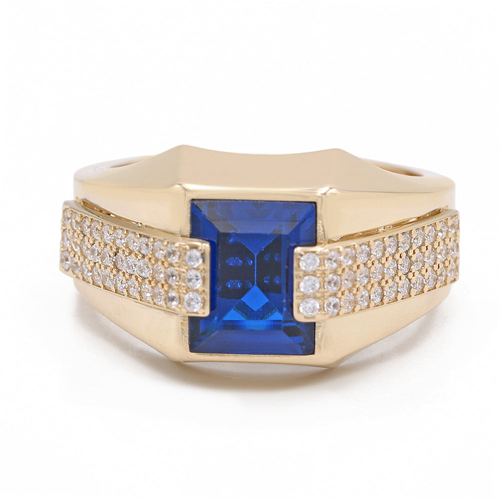 14K Yellow Gold Blue Color Center Stone Ring with Cubic Zirconias